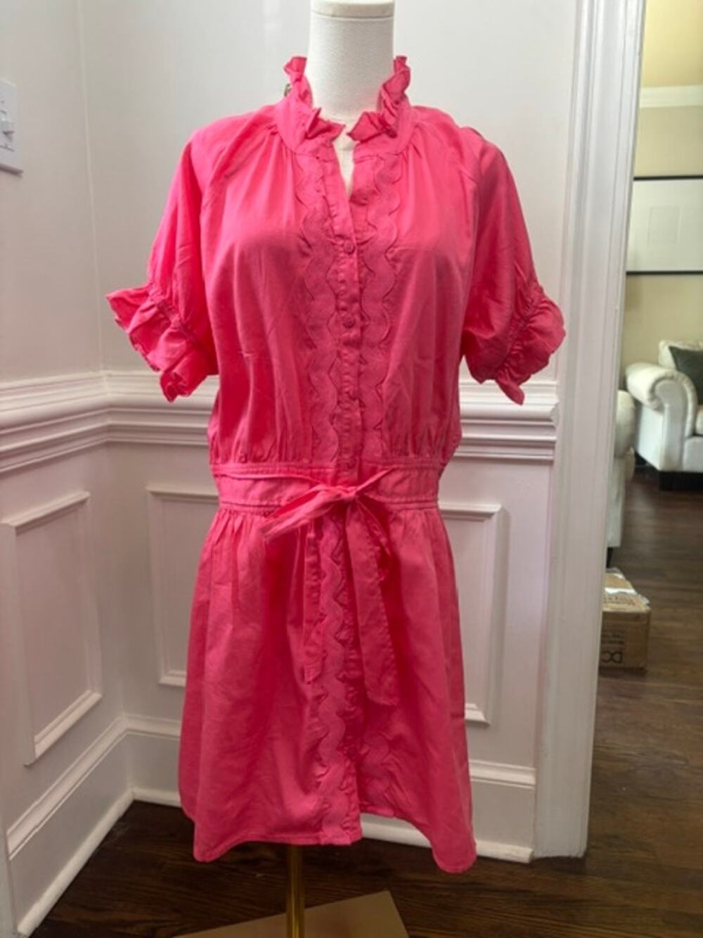 Stark X Dress Womens XL Pink Ruffle Tie Waist Short Sleeve Cotton USA
